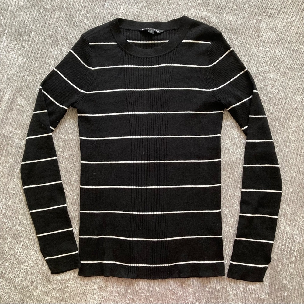 Athleta Black Striped Merino Wool Blend Sweater S Ribbed Knit Fitted Classic